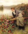 Femme de pêche Daniel Ridgway Knight classique fleurs